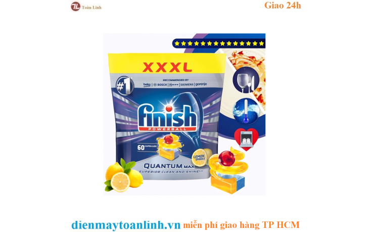 Túi 60 viên rửa chén Finish Quantum Max Dishwasher Tablets Lemon Sparkle QT025460 - hương chanh - Chính hãng