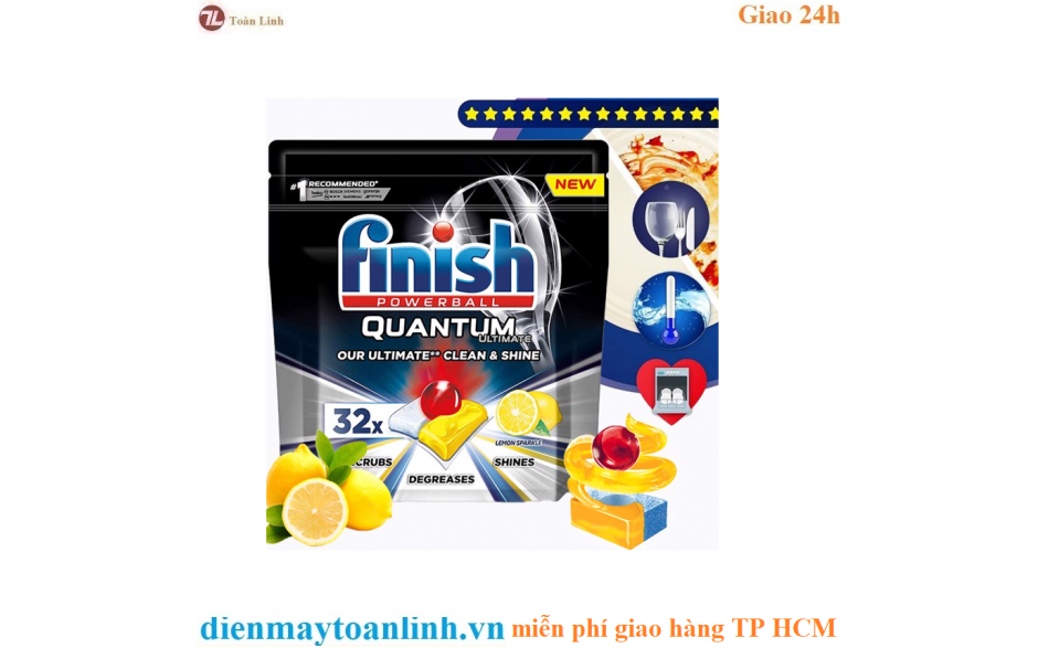 Túi 32 viên rửa chén Finish Quantum Ultimate Dishwasher Tablets Lemon QT0277 - hương chanh - Chính hãng