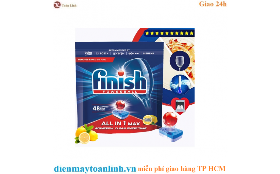 Túi 48 viên rửa chén Finish All In1 Max Dishwasher Tablets Lemon QT09439 - hương chanh - Chính hãng