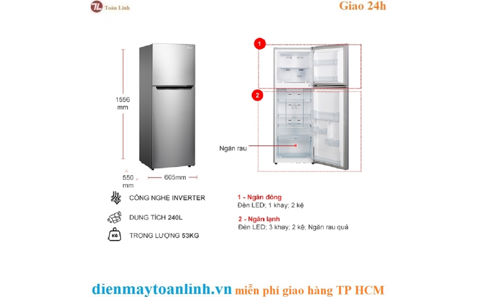 Tủ lạnh Casper RT-258VG Inverter 240 lít - Chính hãng