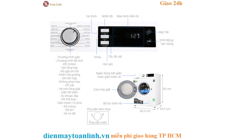 Máy giặt Toshiba TW-BK105S2V WS Inverter 9.5 Kg - Chính Hãng
